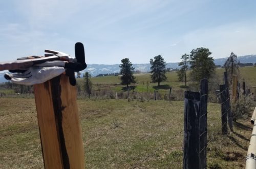 fence post, gloves and hammer