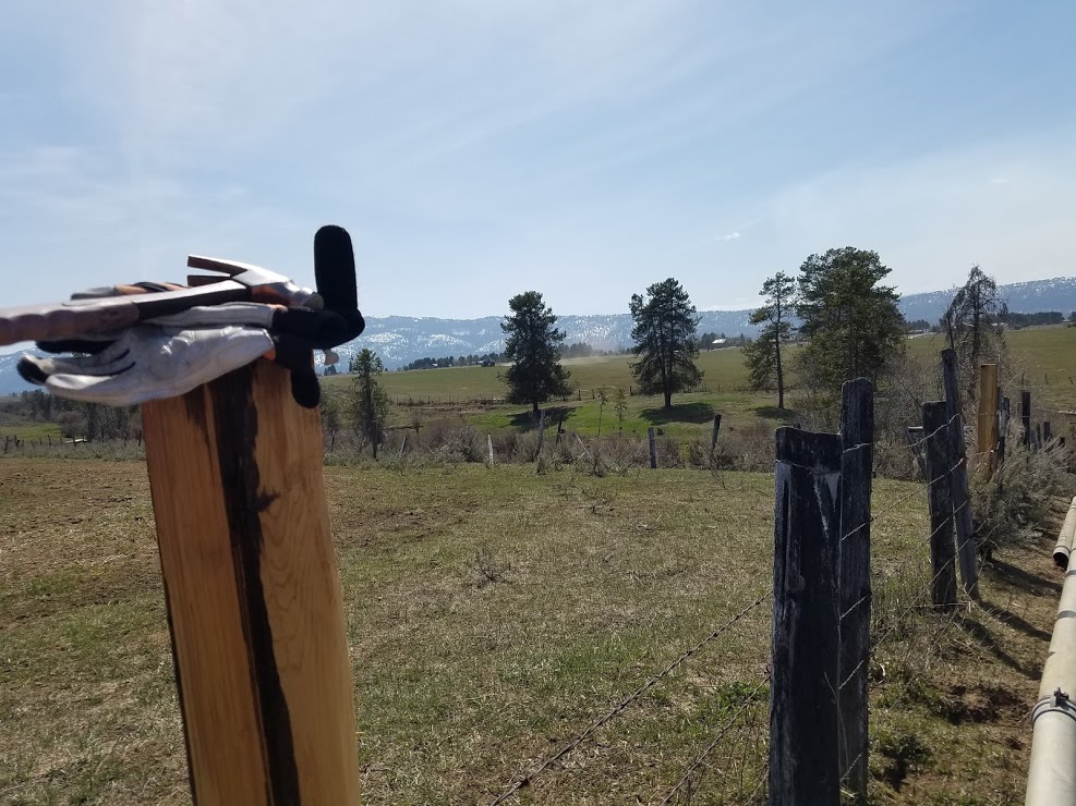 fence post, gloves and hammer